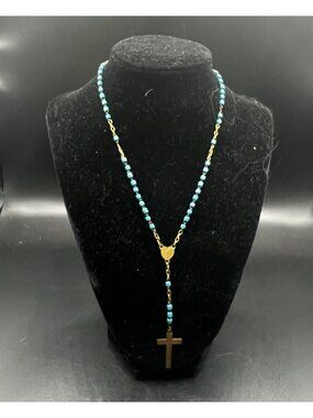 Vintage Gold-Tone Rosary Necklace Turquoise Beads Cross Pendant Catholic Jewelry